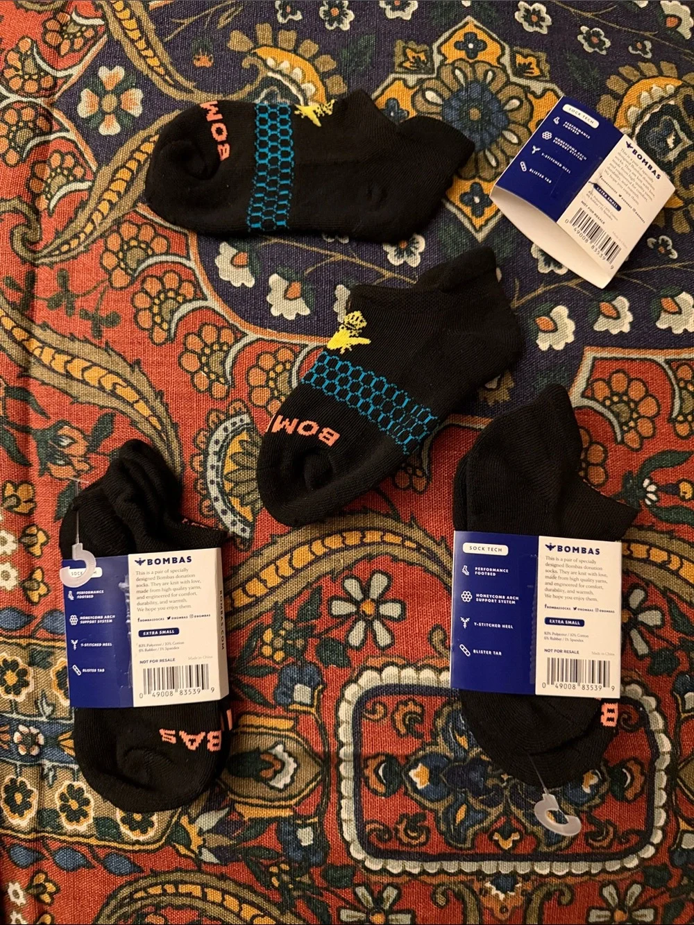 3-pairs Bombas Black Low-Cut Athletic Socks w/ Orange, Blue, and Yellow Accents